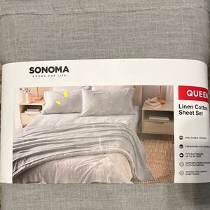 OPEN PACKAGE, Washed/Never used SONOMA Queen Linen Cotton Sheet Set - Light Gray